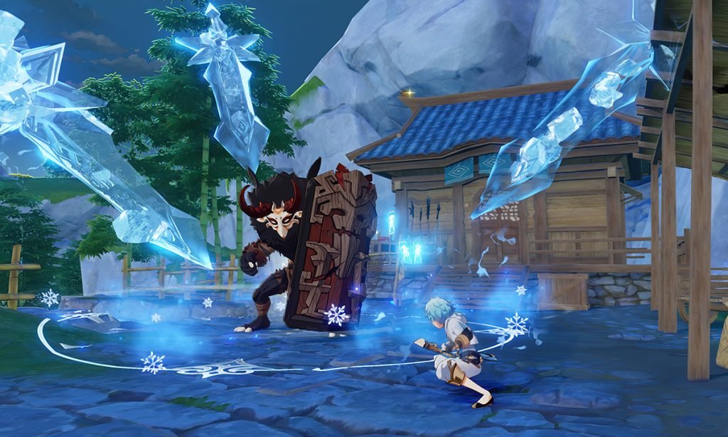 Chonyun enfrentrándose a un enemigo en la Review Genshin Impact 