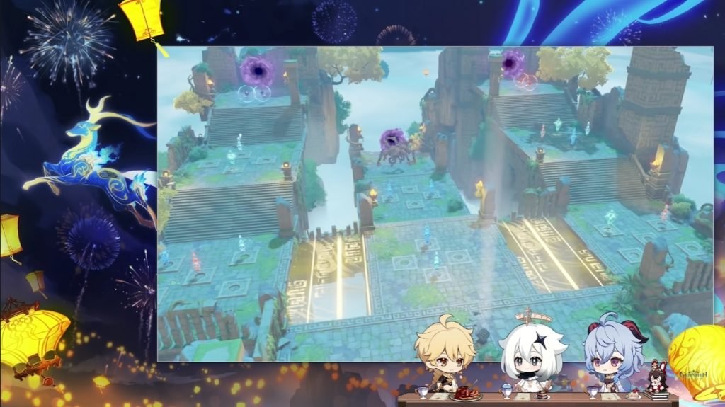 En el Teatro Mechanicus jugaremos un divertido juego "tower defense". Con él ganaremos puntos para Genshin Impact: El festival de las linternas