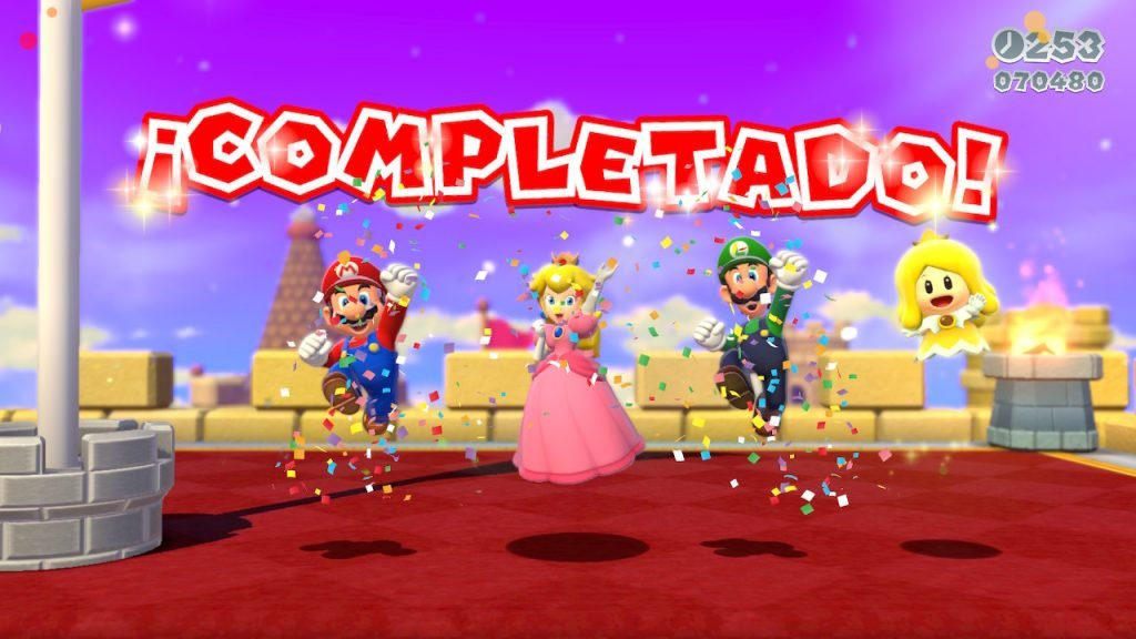 Mario, Peach, Luigi y una de las hadas celebrando que han terminado un nivel en nuestra Review de Mario 3D World+Bowser's Fury