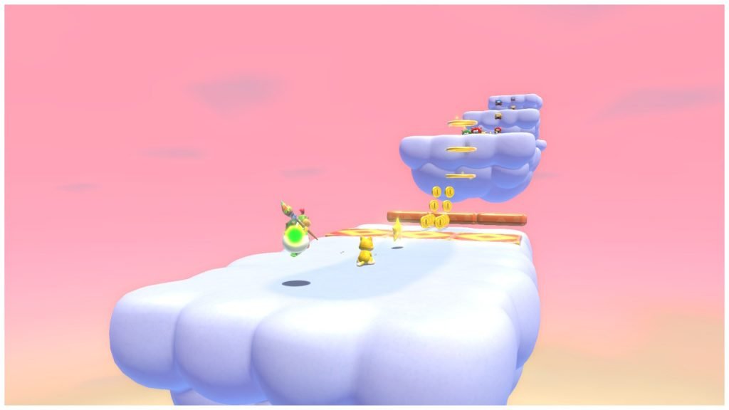 Mario Felino y Bowsy en una fase entre las nubes en nuestra Review de Mario 3D World+Bowser's Fury
