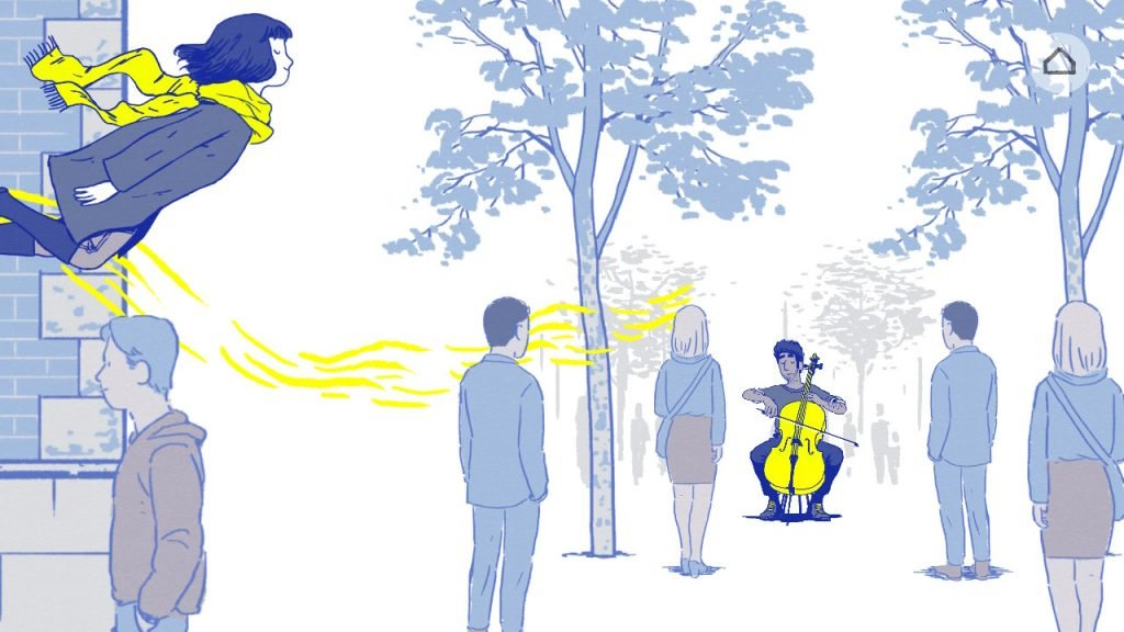 Florence se ve transportada por la interpretación al cello de Kirsh.