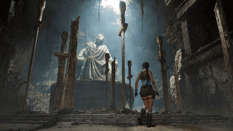 Gameplay de Tomb Raider Legacy of Atlantis Gamescom 2026. Peli o Manta. Lara resolviendo un puzle con espadas